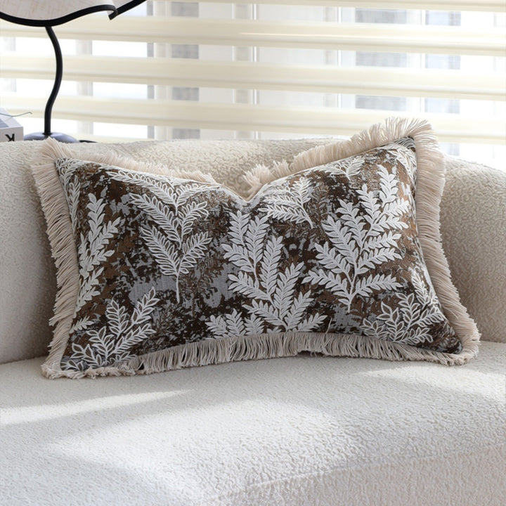 Rectangular decorative cushion cover with embroidered leaf jacquard and fringe edge Bowlift