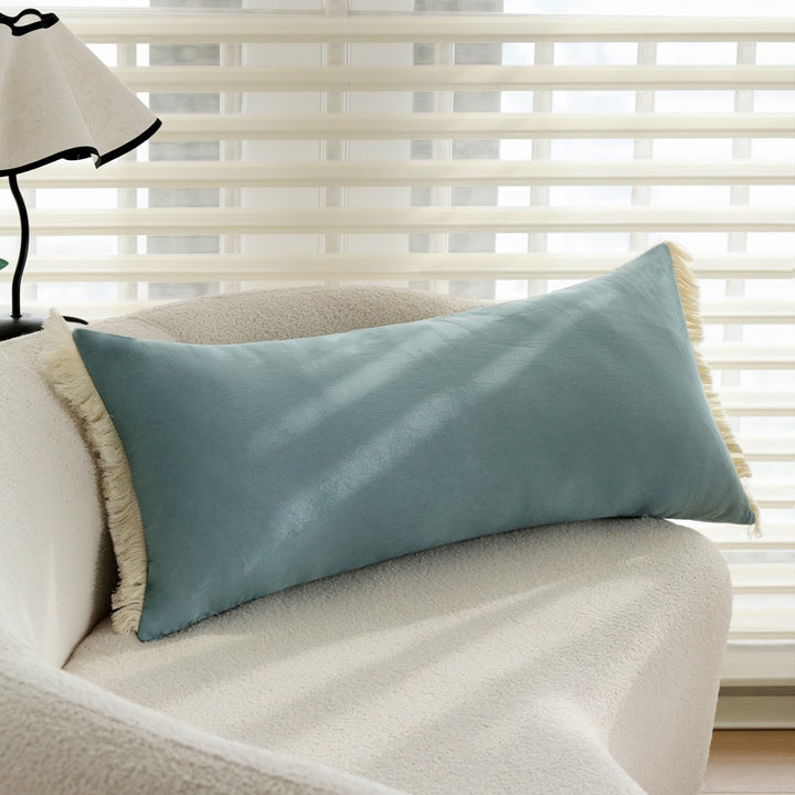 Rectangular microfiber lumbar pillow cover with decorative fringe border Bowlift