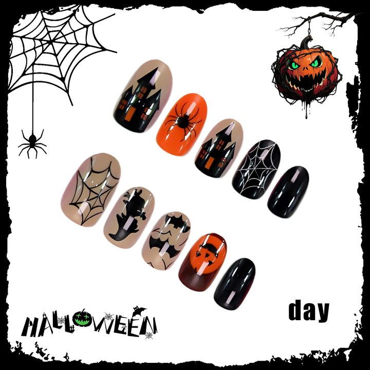 Halloween Artificial Nail Set with Creative Spider and Pumpkin Designs Bowlift