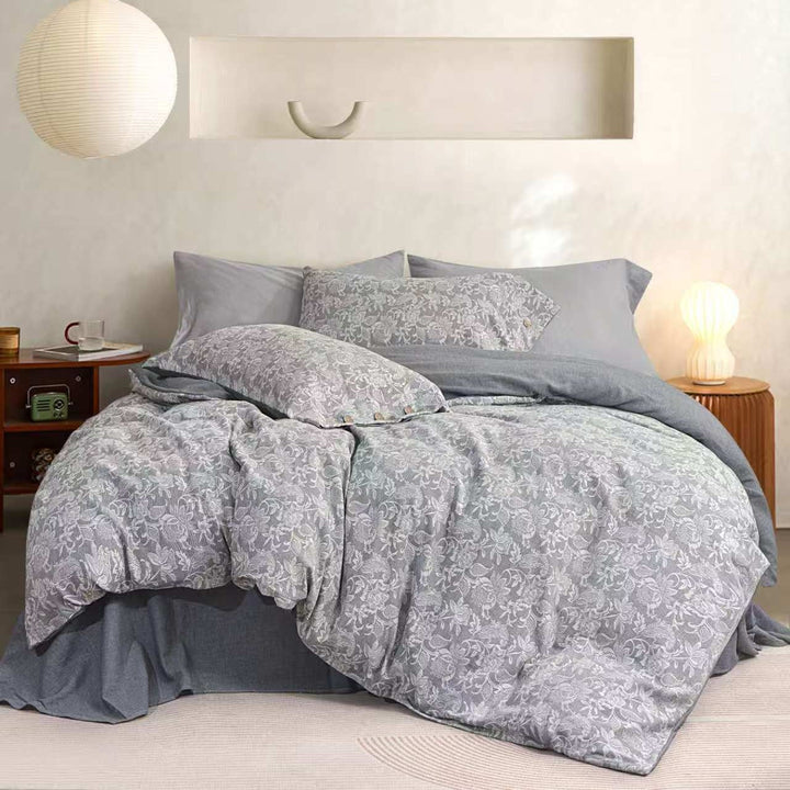 Luxury Floral Jacquard Cotton Duvet Cover Set with Button Closure
