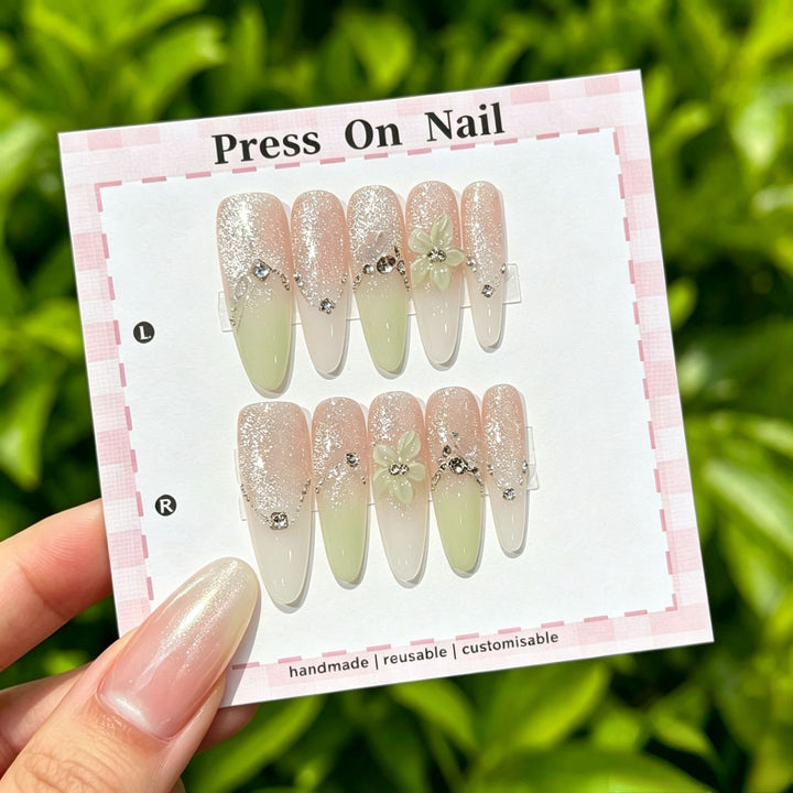 Artistic Press-On Nail Set with Tropical and Floral Accents