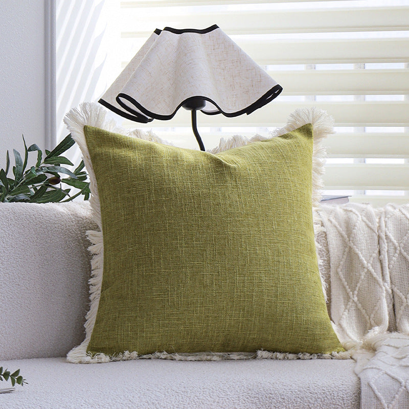 Rectangular cushion cover with woven linen look and decorative fringed edge Bowlift