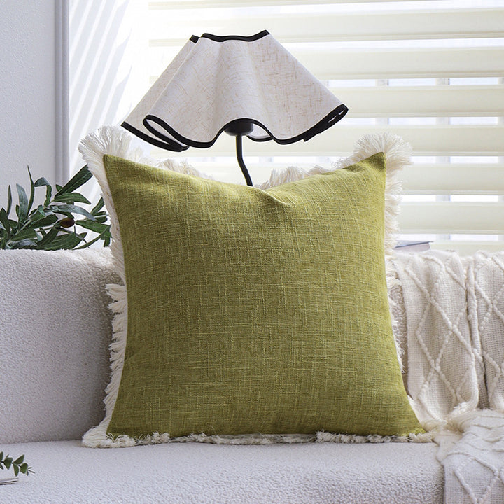 Rectangular cushion cover with woven linen look and decorative fringed edge Bowlift