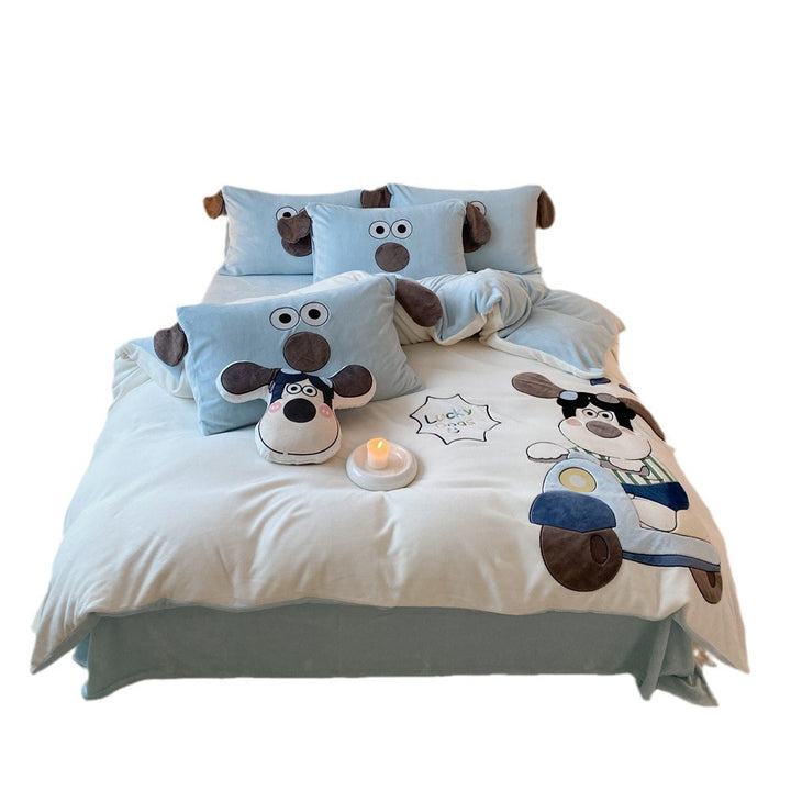Cozy microfiber velvet bedding with three-dimensional plush dog applique and ear pillow