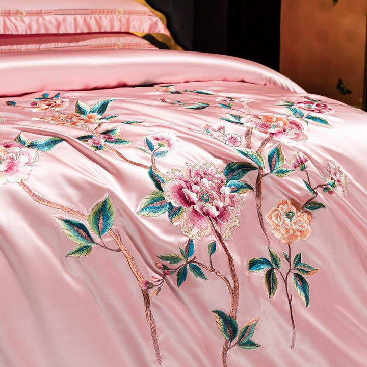 Embroidered Satin Floral Duvet Cover Bedding Set with Ruffled Satin Border