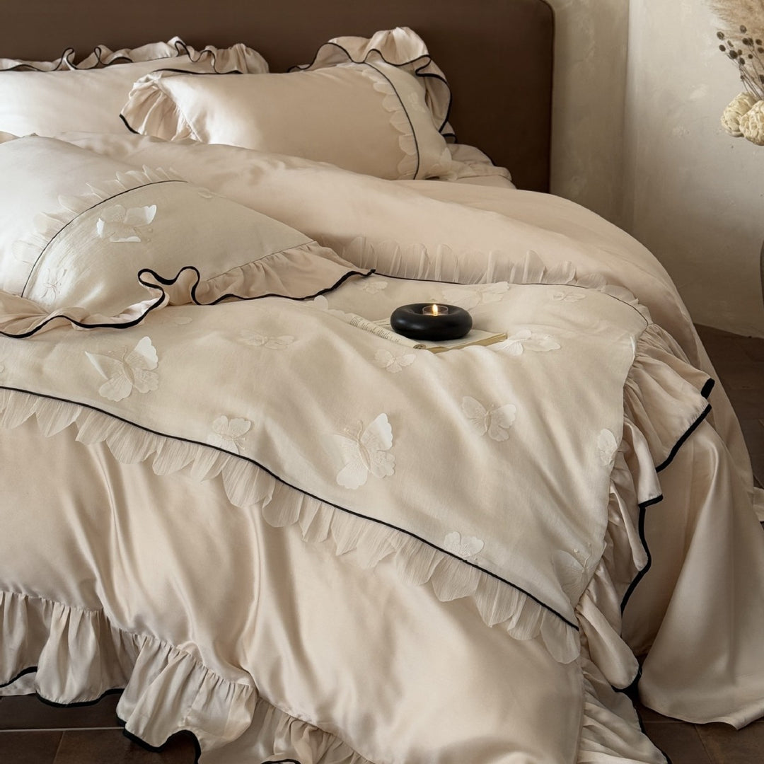 Luxurious Ruffled Bedding Set with Embroidered Butterflies
