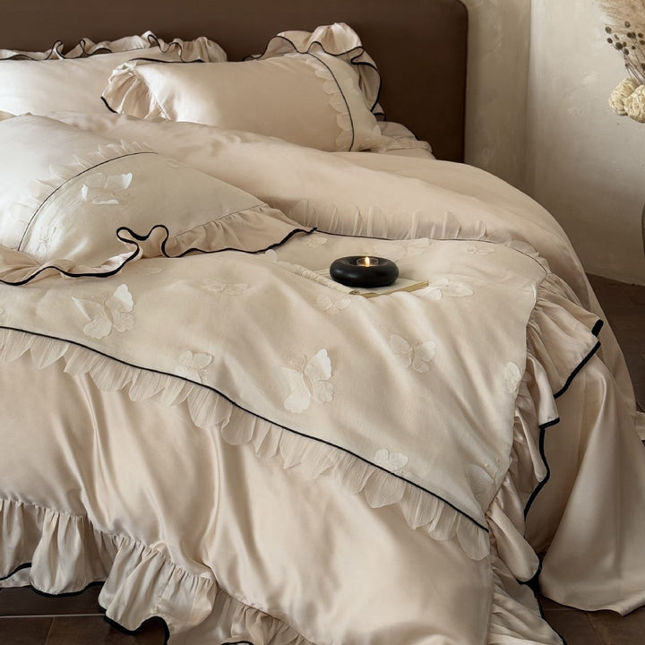 Luxurious Ruffled Bedding Set with Embroidered Butterflies