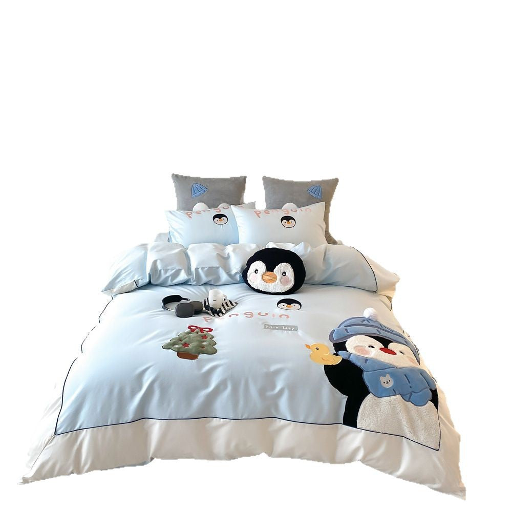 Children's bedding set with embroidered three-dimensional penguin applications and soft cotton satin
