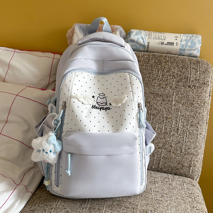 Stylish Dot-Printed Backpack with Decorative Accents Bowlift