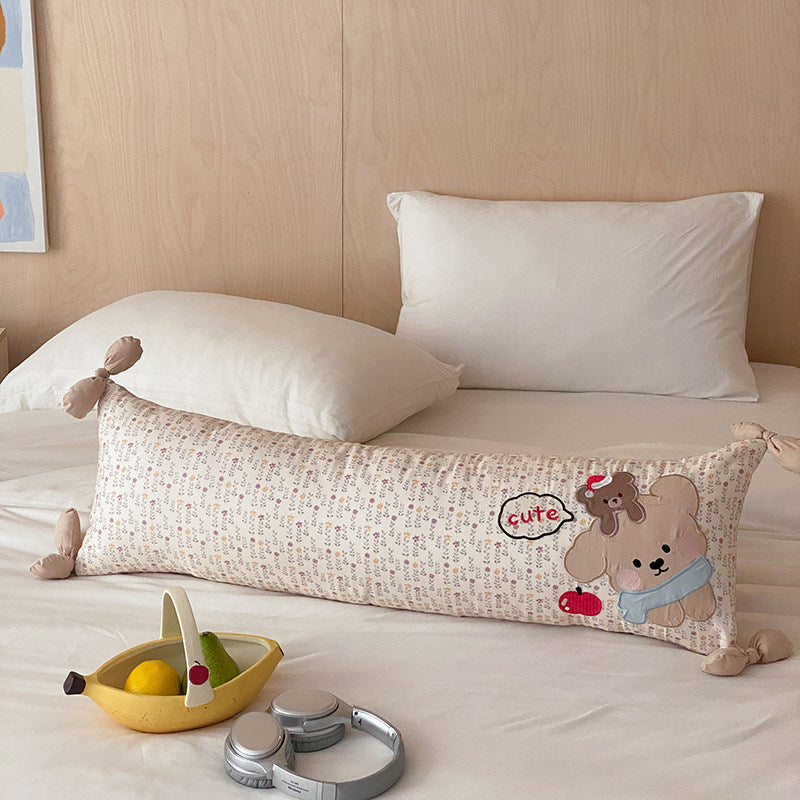 Decorative Long Body Pillow with Bear Applique and Knotted Ends