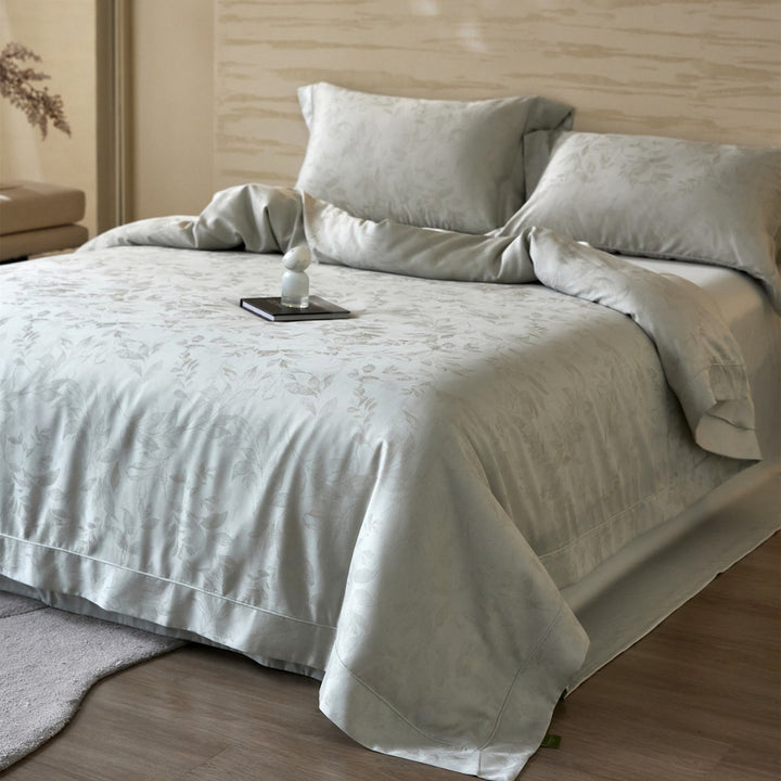 Luxury Jacquard Leaf-Pattern Sateen Duvet Cover & Pillowcase Set with Hidden Zipper
