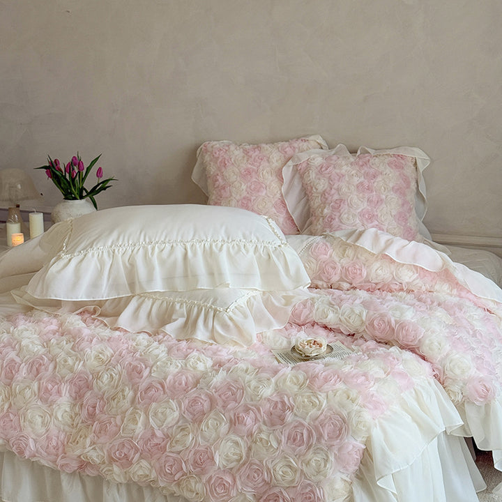 Romantic bedspread with 3D rose appliqué and ruffle