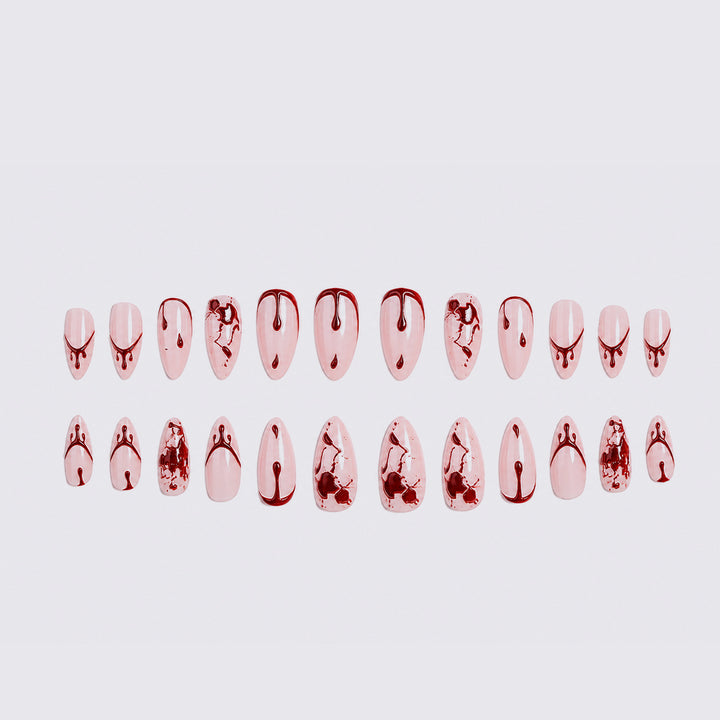 Artistic Press-On Nail Set with Blood Drip and Marble Design Bowlift