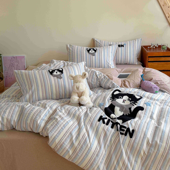 Embroidered Cotton Duvet Cover Set with Cute Bear Patchwork