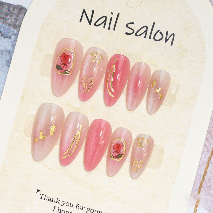 Artistic Press-On Nail Set with Cherry Blossom Design Bowlift