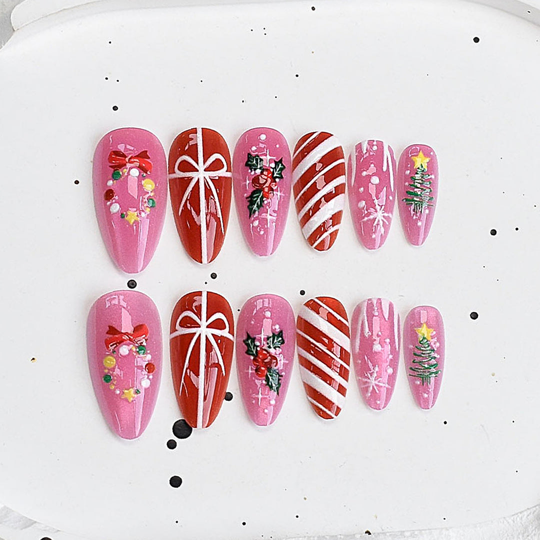Artistic Press-On Nail Set with Cherry Blossom Design Bowlift