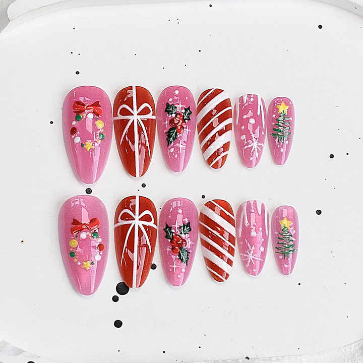 Artistic Press-On Nail Set with Cherry Blossom Design Bowlift