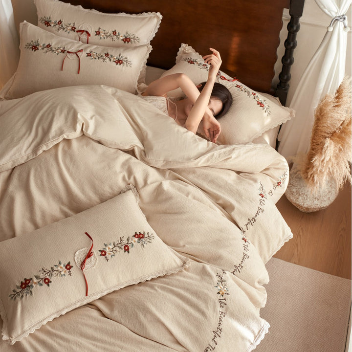 Embroidered Linen Blend Duvet Cover Set with Lace Trim