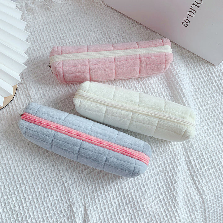 Quilted Plush Zippered Pencil Case Stationery Pouch Bowlift