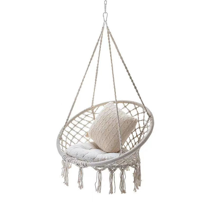 Macrame hanging chair with complete ceiling mounting kit and decorative tassel fringe Bowlift