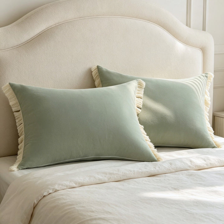 Rectangular decorative cushion cover with subtle fringes and soft cotton-linen look Bowlift