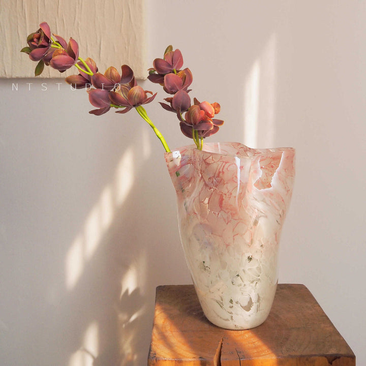 Handblown Marble-Effect Tall Sculptural Glass Vase with Organic Ruffled Rim Bowlift