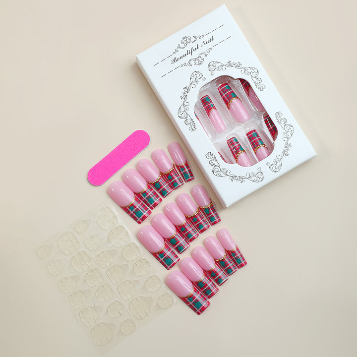 Artistic Press-On Nail Set with Plaid and Gold Accents Bowlift