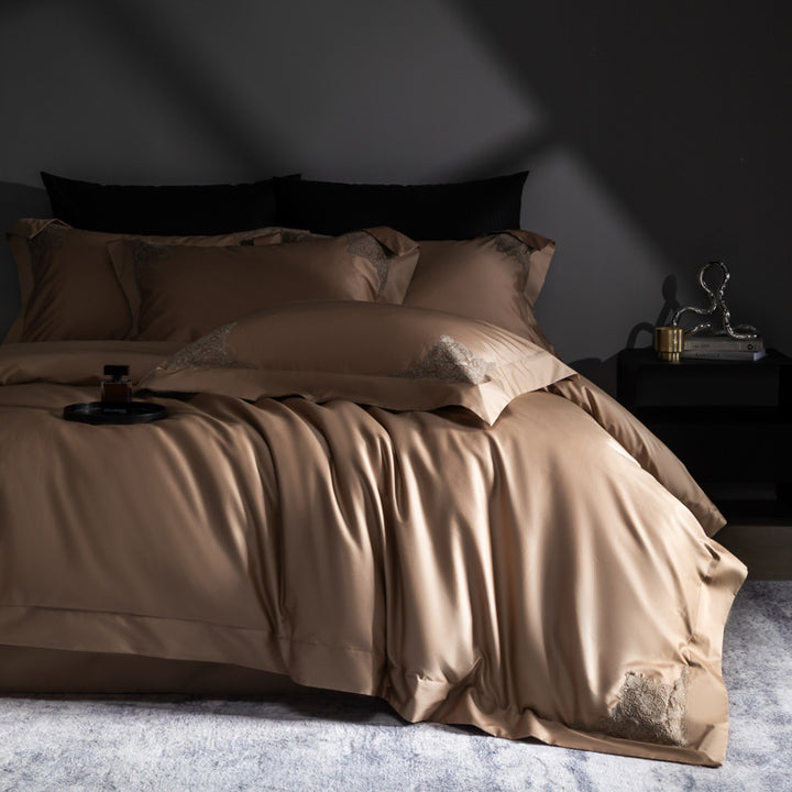 Luxurious cotton satin bedding set with fine lace embroidery