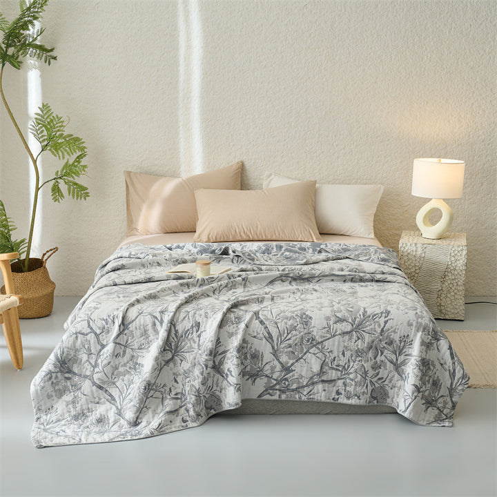 Reversible Embroidered Lightweight Cotton Bed Throw Blanket
