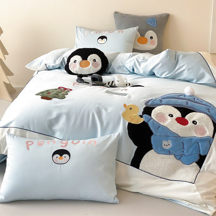 Children's bedding set with embroidered three-dimensional penguin applications and soft cotton satin
