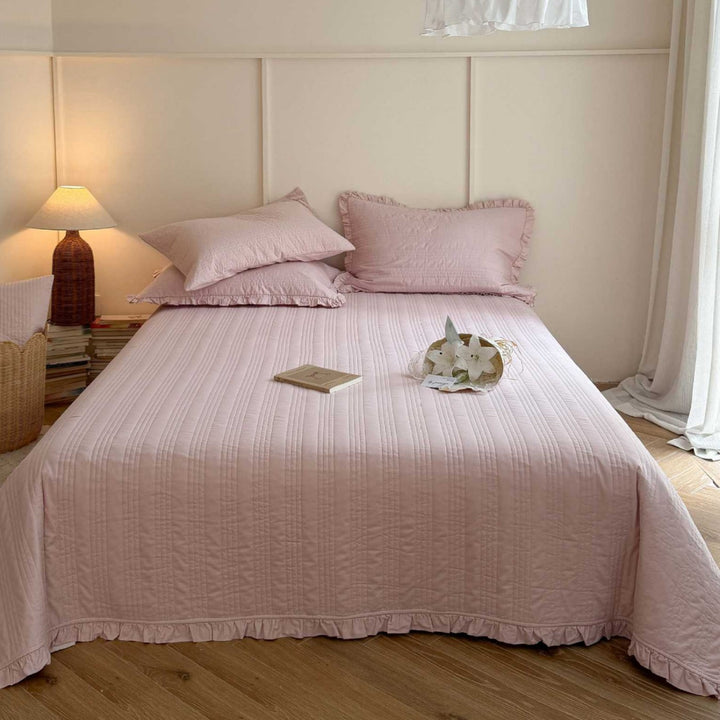Quilted Cotton Ruffled Bedspread and Pillow Sham Set