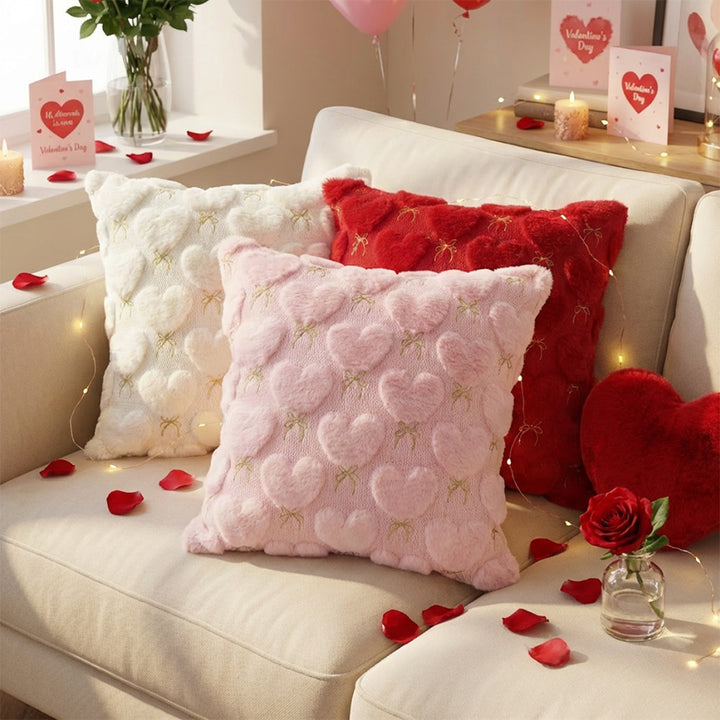Valentine's Plush Heart Embossed Decorative Throw Pillow Cover