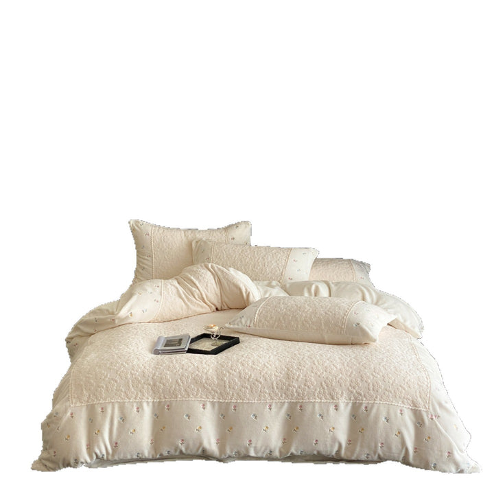 Quilted Embroidered Cotton Duvet Comforter Set with Pillow Shams and Bedspread