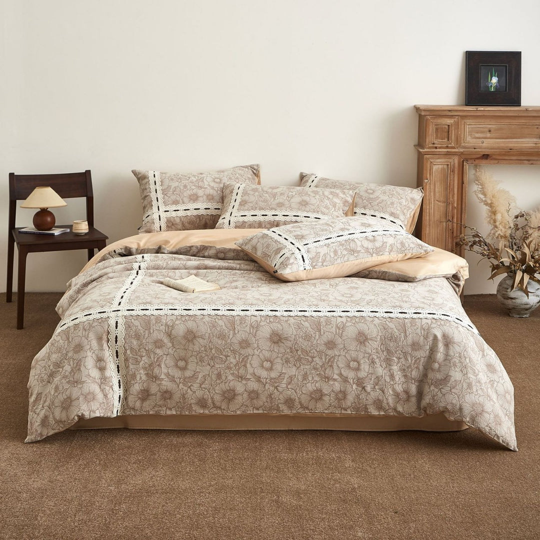 Floral Sketch Lace-Panel Reversible Duvet Cover Ensemble with Solid-Backed Pillow Shams