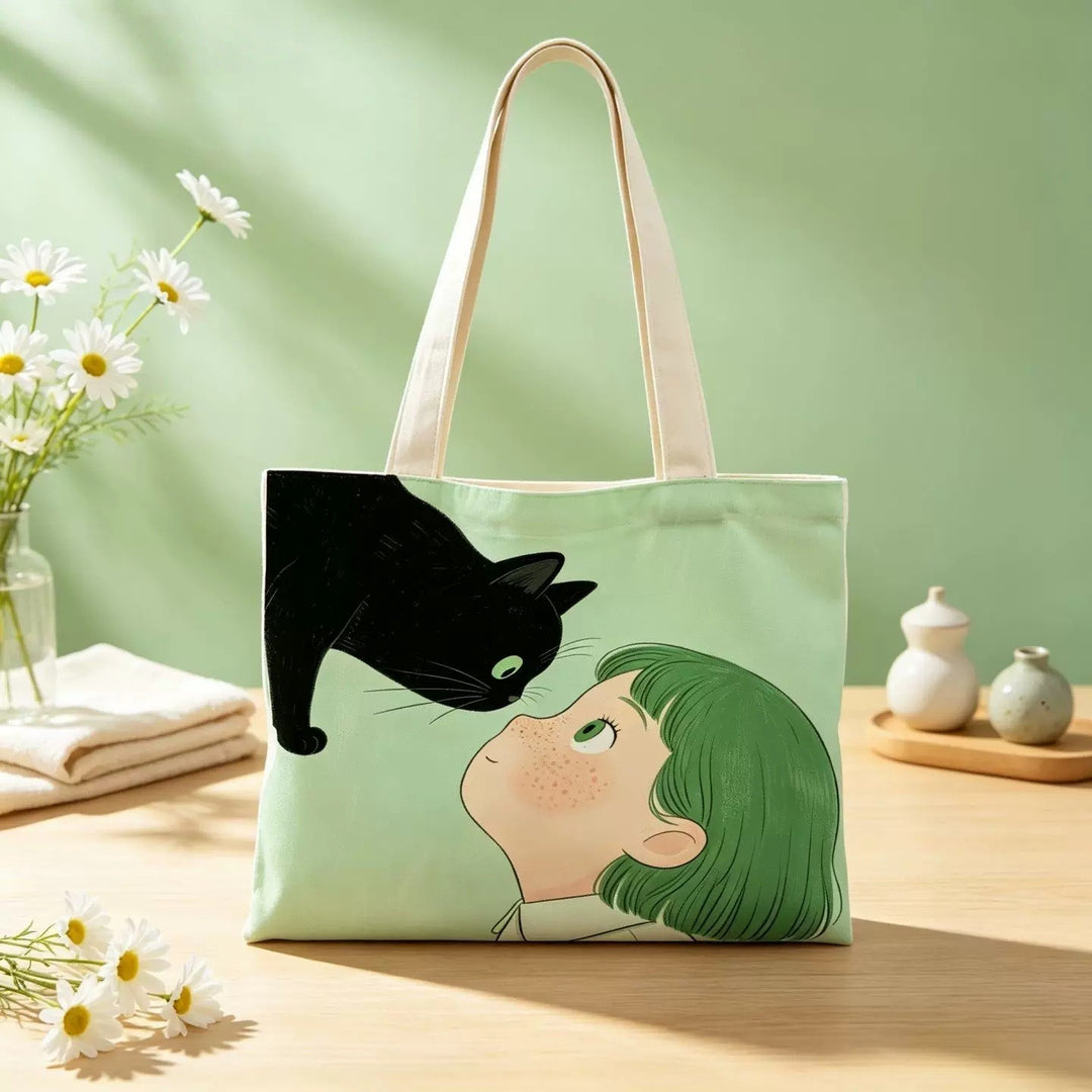 Illustrated Cat and Boy Canvas Tote Bag