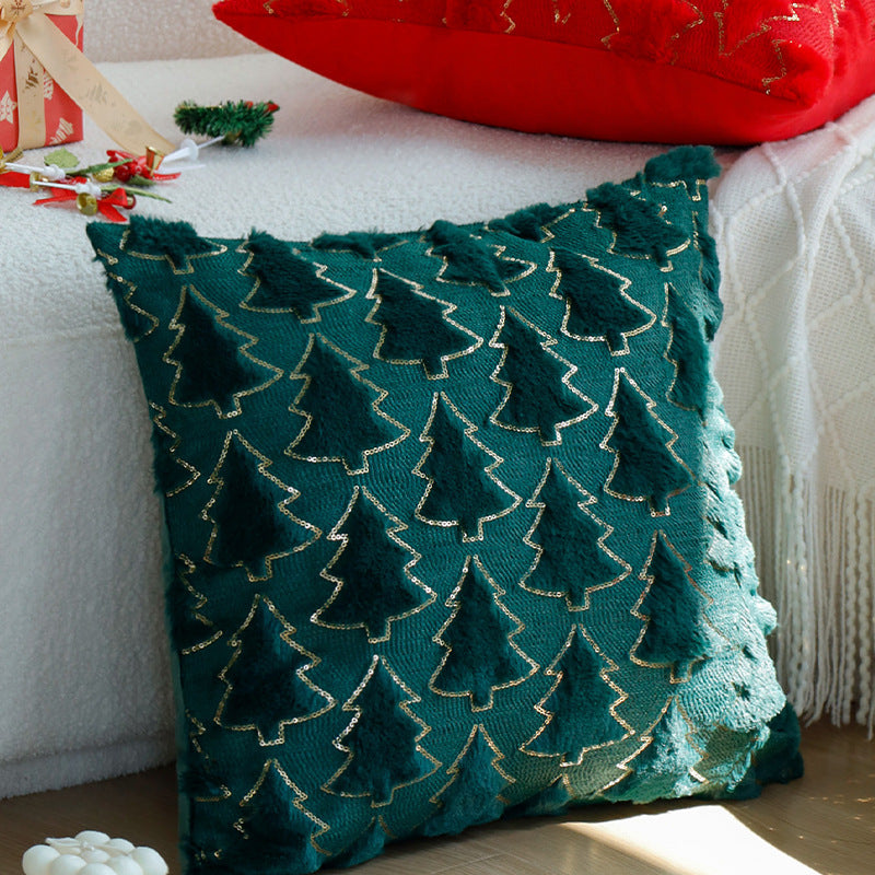 Rectangular decorative cushion cover with tufted Christmas tree application, faux fur texture and sequin trim Bowlift