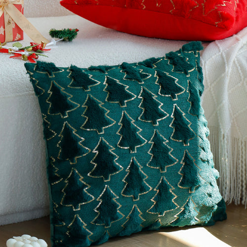 Rectangular decorative cushion cover with tufted Christmas tree application, faux fur texture and sequin trim Bowlift