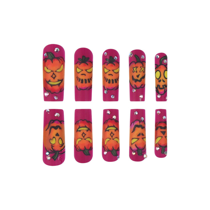 Artistic Press-On Nails with Halloween Pumpkin Design Bowlift