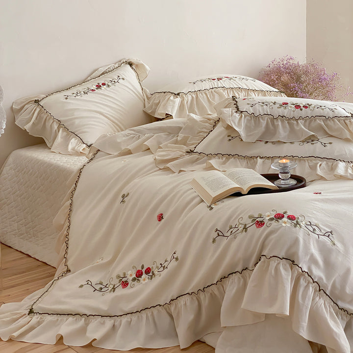 Embroidered Strawberry Cottage Ruffled Duvet Cover Set