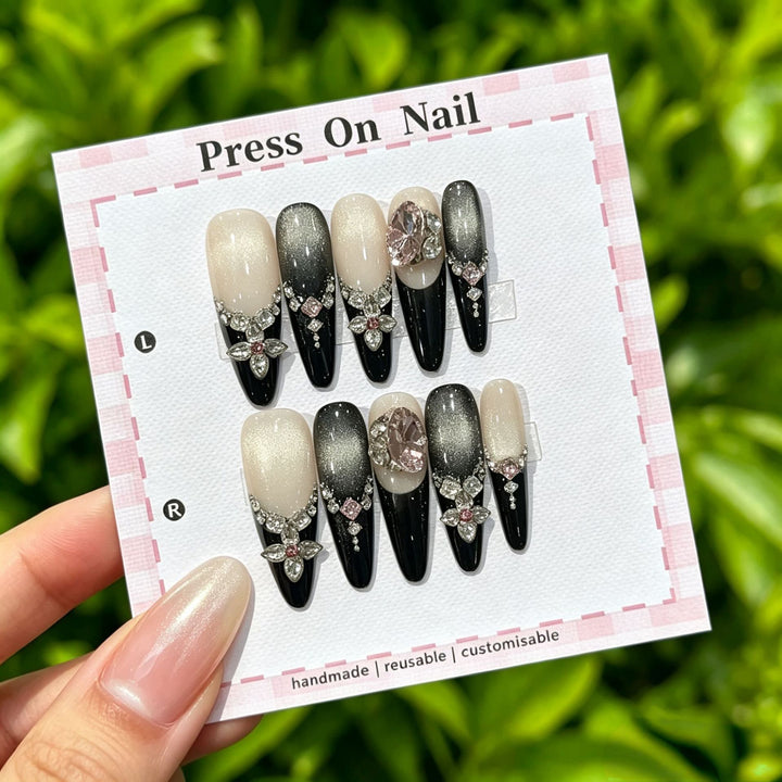 Glamorous Decorative Press-On Nail Set with Rhinestone Accents