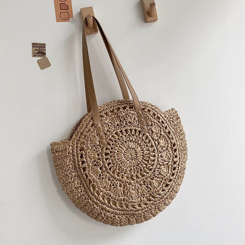 Round-woven beach bag with leather handles Bowlift
