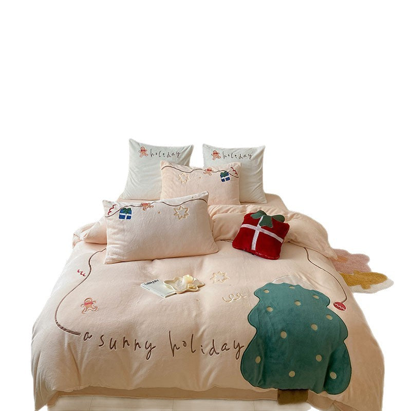 Plush Embroidered Holiday-Themed Duvet Cover Set with Decorative Pillow Shams