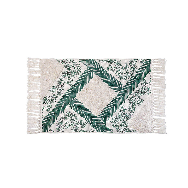 decorative woven bathroom runner with botanical jacquard pattern and fringes Bowlift
