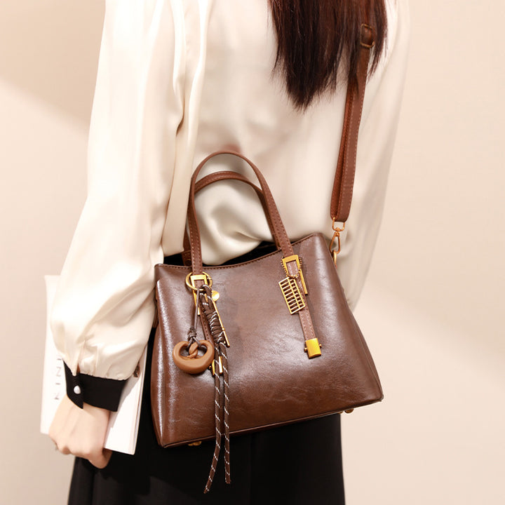 Structured Handheld Satchel Bag with Decorative Keychain