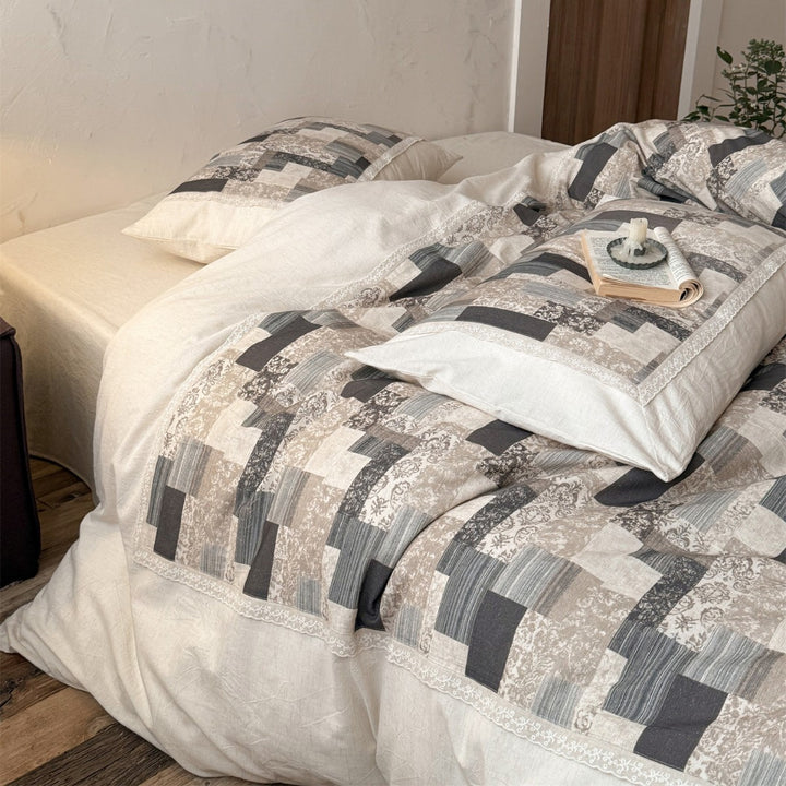 Quilted Patchwork Cotton-Linen Duvet Cover Set