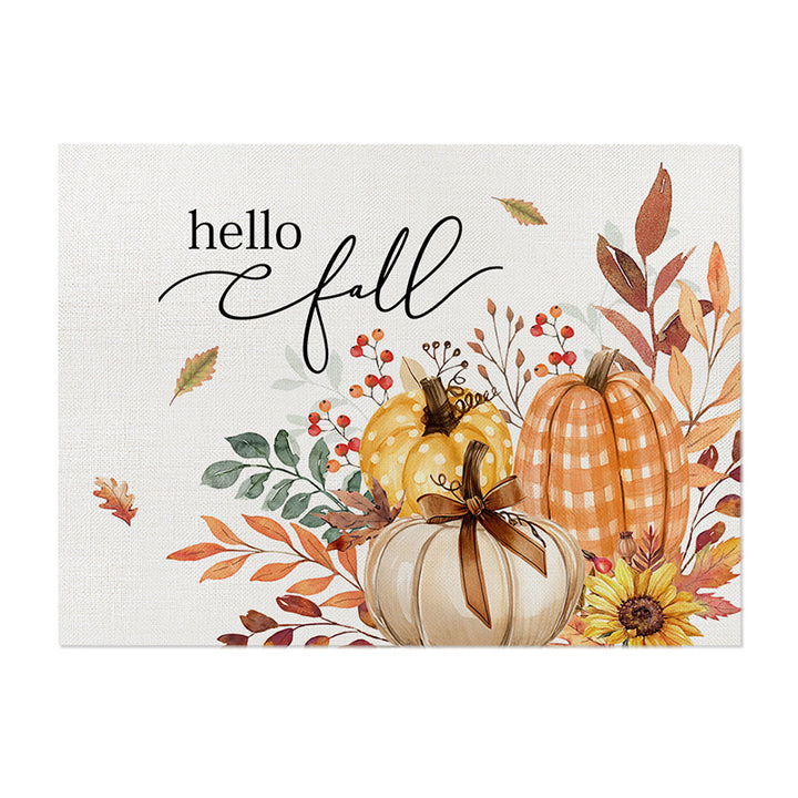 Rectangular Linen-Texture Table Placemat with Watercolor White Pumpkin & Fall Foliage Print