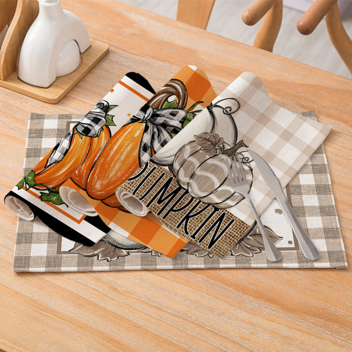 Rectangular Linen-Texture Table Placemat with Watercolor White Pumpkin & Fall Foliage Print