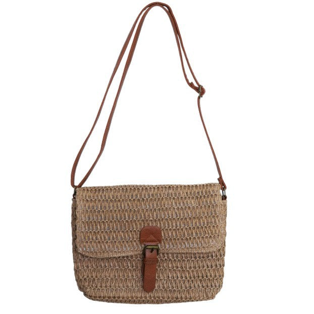 Shoulder bag made of woven natural material with adjustable leather shoulder strap Bowlift