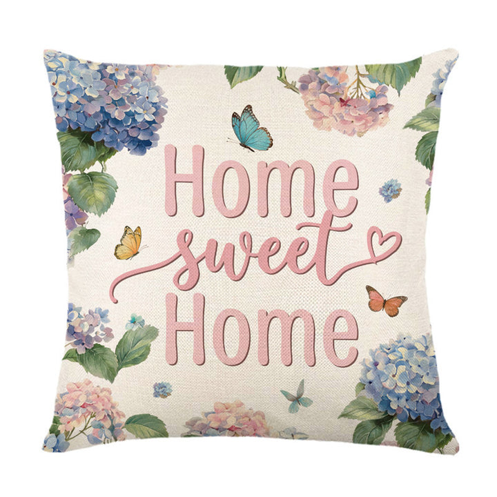 Decorative Linen Throw Pillow Cover with Watercolor Gnome and Hydrangea Illustration