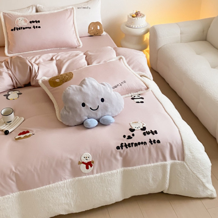 Sherpa-Lined Pink Embroidered Comforter Set